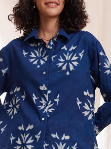 Navy Blue Floral Print Long <b>Sleeve</b> With Turn-down Collar Loose Fit Casual Daily Wear Spring Woven Linen Cotton Top - Product Image 5