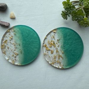 Pearl Mist <b>Epoxy</b> Coaster Round <b>Resin</b> Coasters Green Gold Leaf Modern Handmade <b>Table</b> Mats 300mm Diameter Decorative <b>Table</b> Coaster - Product Image 1