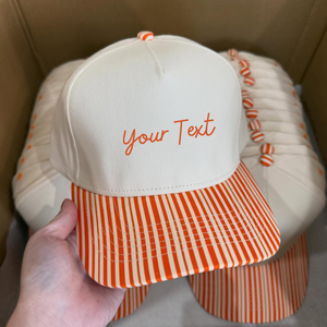 Custom Striped Brim Baseball <b>Cap</b> With Embroidered Text Logo 6-Panel Adjustable <b>Hat</b> For Adults Unisex Casual Spring Summer Wear - Product Image 1