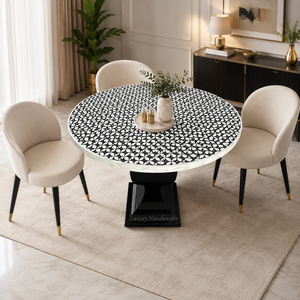 Table à manger ronde moderne en bois avec détails en agate et design rotatif pour 4 personnes, meubles de salon - Product Image 3