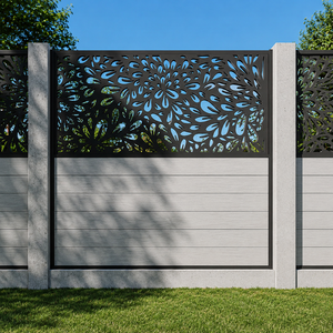 Valla Decorativa Moderna con Panel Floral Cortado con Láser, Postes de Concreto Grises, Muro de Jardín para Privacidad, Diseño para Exteriores - Product Image 4