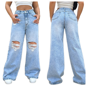 Jeans de Mujer Y2K de Cintura Alta y Pierna Ancha, Lavado Claro, Desgastados, Pantalones de Mezclilla Casuales - Product Image 6