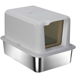 Lettiera per Gatti 2 in 1 XL in Acciaio Inox Grigio con Funzioni di Facile Pulizia, Coperchio Rimovibile, Paletta e Sacchetti Filtranti per Gatti di Piccola e Grande Taglia - Product Image 1