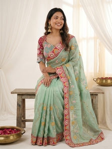 Indian Traditional Latest Rangoli Silk Saree With <b>Sequins</b> Dori Work for Wedding Party and Festive Function for Women Fancy Wear - Product Image 6