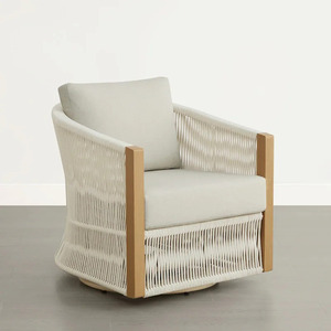 Chaise de salle à manger d'extérieur moderne Sekar pivotante en bois de teck avec corde tressée, finition naturelle, coussin de haute qualité imperméable et écologique pour parc - Product Image 4