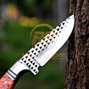 Couteau de chasse et de dépecage artisanal en acier Damas, manche en résine orange, lame pleine longueur, pour activités de plein air, camping, survie, OEM/ODM, DIY - Product Image 3