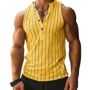 Men's Bulk Wholesale Vertical Striped Sleeveless Henley Athletic Fit <b>Stand</b> Collar Muscle Vest Summer Casual Tank Tops For Men - Product Image 1