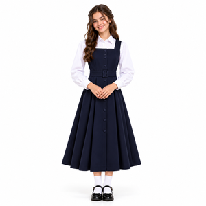 Girls' Children Plain Navy Pinafore School Uniform <b>White</b> Long Sleeve Blouse Belted <b>Pleated</b> <b>Skirt</b> Student Wear Button Front Dress - Product Image 1