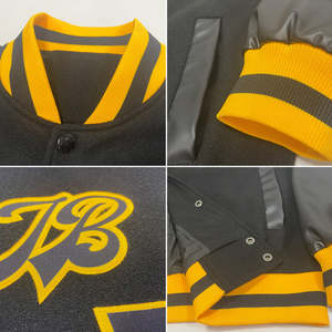 เสื้อแจ็คเก็ตวาร์ซิตี้สีดำทองสำหรับผู้ชาย สกรีนชื่อและหมายเลขได้ตามต้องการ สไตล์ลำลองแบบวิทยาลัย เสื้อเบสบอล พิมพ์ลายสกรีนด้วยผ้าไหม - Product Image 3