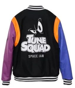 Veste Varsity élégante avec col en tricot côtelé avec fermeture à onglet deux poches à la taille manches en cuir deux couleurs-tissu en toile - Product Image 4