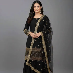 Magnifique Salwar Kameez pakistanais pour femmes, en velours épais pur, brodé, avec dupatta, tenue ethnique traditionnelle pour Diwali - Product Image 1