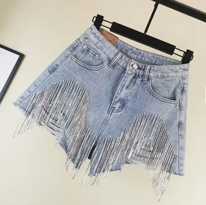 Women's High Waist Denim Shorts <b>Asymmetric</b> Tassel Distressed Washed Cotton Casual Summer Shorts - Product Image 3