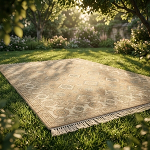 Alfombra Oushak Geométrica Anatolia Vintage, Alfombra de Lana Beige Hecha a Mano para Decoración de Interiores de Lujo - Product Image 3