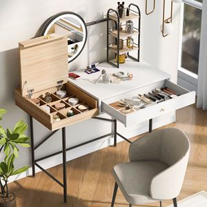 Tocador de Maquillaje de 40 Pulgadas con Espejo Iluminado de 3 Modos, Estación de Carga Inalámbrica, 3 Cajones Abiertos y Estantes - Product Image 1