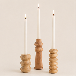 Set Of 3 Natural Wood Taper Candle Holders Hand-Turned Varied Shapes For Modern Farmhouse Home Decor Dining Table Centerpiece - Product Image 1
