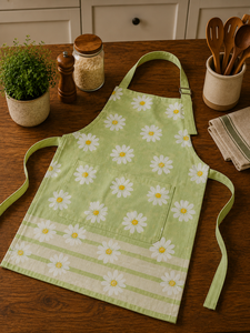 Tablier en mélange de coton et de lin de qualité supérieure, tablier à bretelles imprimé de marguerites vertes avec bordure décorative rayée, tablier de cuisine réglable - Product Image 2