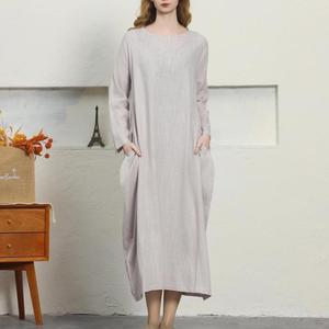 Premium Grey O-Neck Maxi <b>Dress</b> With Full Sleeves <b>Loose</b> Boho Style 100% Linen Summer Casual <b>Dress</b> For Women - Product Image 3