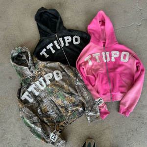 Custom Applique Embroidery Distressed Rhinestone <b>Zip</b> <b>up</b> <b>Jacket</b> Acid Wash Vintage Wash Men Fleece Streetwear Hoodie for Men - Product Image 4