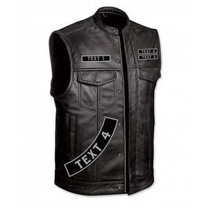 Gilet de club de motards en cuir véritable noir personnalisé avec patchs multi-panneaux au dos, fermeture éclair sur le devant, poches utilitaires et personnalisation de la marque - Product Image 1