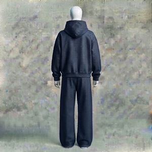 Ensemble de survêtement bleu marine avec sweat à capuche zippé et pantalon de jogging large, tenue streetwear deux pièces assortie avec détails latéraux - Product Image 5