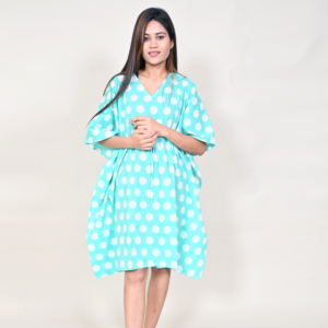 Turquoise Polka Dot V-Neck <b>Loose</b> Midi <b>Dress</b> Casual Summer Woven Cotton Breathable Short Sleeve <b>Dress</b> - Product Image 1