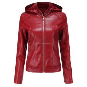 Élégant rouge élégant à capuche Moto veste en cuir pour les femmes polyvalent Sherpa doublure fermeture à glissière longue Durable confort fini - Product Image 4
