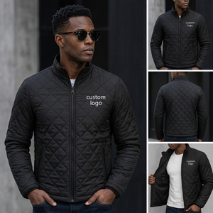 Men's Black Quilted <b>Jacket</b> With Custom Logo Front Zipper Stand Collar Casual Autumn Wear Windproof Polyester Wadding - Product Image 4