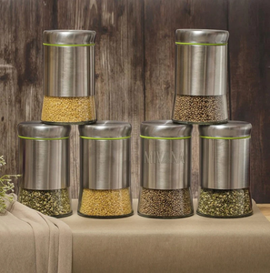 Juego de salero y pimentero de acero inoxidable premium con frascos de vidrio de 100 ml, juego de 6 piezas con orificios ajustables y soporte cromado. - Product Image 1