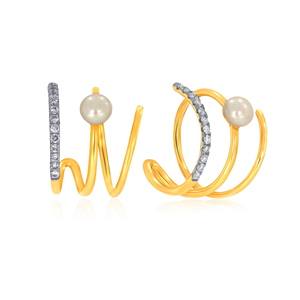 Pendientes de Perlas de Oro Amarillo de 14K para Mujer con Diamantes de Corte Brillante Redondo, Diseño Minimalista para Uso Diario - Product Image 2