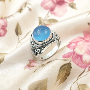 925 Sterling Silver Blue Chalcedony Cabochon <b>Statement</b> <b>Ring</b> Handmade Vintage Artisan Boho Gemstone Gold Plated Rose Gold <b>Ring</b> - Product Image 3