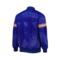 Blouson Bomber en Satin Bleu Royal Rétro pour Hommes - Veste Vintage Varsity à Boutons Pression avec Rayures sur les Manches Orange et Blanches