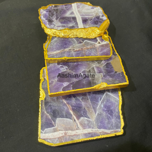 Amethyst Crystal Slice <b>Coaster</b> Polished Irregular Shape <b>Gold</b> Edged Home Decoration Feng Shui Stone Craft - Product Image 5