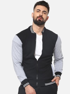 Chaqueta Bomber Negra para Hombre con Mangas Grises, Cierre Frontal con Cremallera, Cuello Camisero, Color Sólido, Tejido de Poliéster y Algodón - Product Image 3