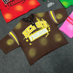 เสื้อยืดครอปแขนสั้นผู้ชายทรงโอเวอร์ไซส์ สไตล์สตรีทแวร์ แต่งขอบตัดกัน ผ้าแคนวาส ระบายอากาศได้ดี คอทรงโอ - Product Image 2
