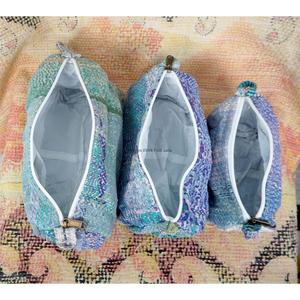100% Pure Cotton Kantha Fabric Tassel Pattern Zipper Closure Eco-Friendly Durable Large Makeup Bag 3 Pouch Set Soft Handle - Product Image 5