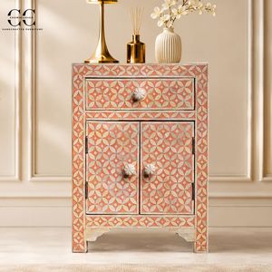 Bone Inlay Solid Wood Nightstand <b>Side</b> <b>Table</b> Accent Cabinet Floral Pattern Modern Design Bedside <b>Storage</b> for Bedroom Entry Hotel - Product Image 1