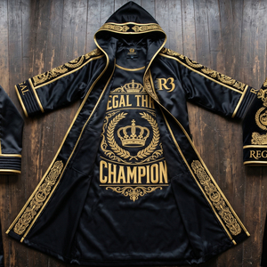 Bata de Boxeo Regal Three Negra con Bordado Dorado, Bata con Capucha para Hombres, Ropa de Artes Marciales, Bata 100% Poliéster, Diseño de Campeón - Product Image 1