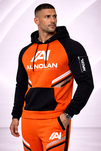 Ensemble de survêtement orange et noir pour homme – Ensemble sweat à capuche et jogging avec logo personnalisé |   Vêtements de sport slim fit streetwear - Product Image 4