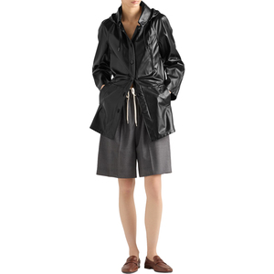 Luxury Women's Hooded <b>Leather</b> and Technical Fabric Caban <b>Jacket</b> Custom Hybrid Outerwear top OEM private label Manufacturer - Product Image 1