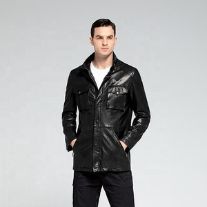 Black Men's Genuine <b>Leather</b> <b>Winter</b> Bomber <b>Jacket</b> with Stand Collar Front Logo Zipper Closure RELEVO INDUSTRY Spandex Lining - Product Image 4