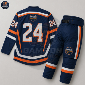For Wholesale Rate Team Sportswear Sublimation Performance Fabric Breathable Lightweight Navy Orange Ice Hockey Uniform Sets - Product Image 6