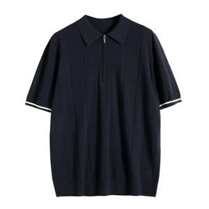 Polo de punto con cremallera de un cuarto para hombre, manga corta, texturizado, con rayas verticales, casual, corte ajustado, mezcla de algodón, tops de verano, moda masculina - Product Image 6