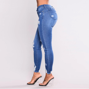Jeans Ajustados de Mezclilla con Cintura Alta, Transpirables, con Estilo Desgastado, Vintage, Casuales, de Algodón Elástico Azul para Mujer - Product Image 3