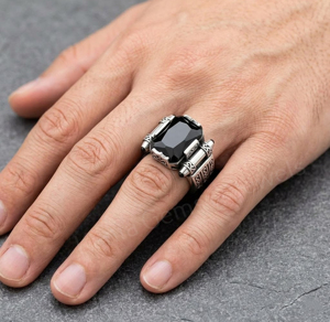 Anillo de Sello para Hombre, Plata de Ley 925, Ónix Negro, Gema de 12x16mm, Engaste Rectangular, Estilo Punk, Geométrico, Moda, Uso Diario - Product Image 4