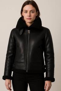 Women's Genuine Leather Bomber Jacket With Fur Lining <b>Zipper</b> Closure Winter Warm <b>Coat</b> Full Sleeve Solid Color New Style - Product Image 3
