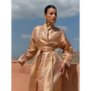 Traditional Winter Kimono-<b>kaftan</b> Peach Silk Brocade Subtle Textured Motif High Neckline Floor-Length Wrinkle-Free - Product Image 4