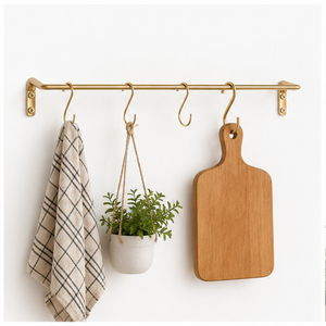 Modern Wall Mounted Kitchen Utensil Rack with S-<b>Hooks</b> Gold Pot and Pan Rail Organizer Space-Saving Multi-Purpose Metal Hanger - Product Image 3