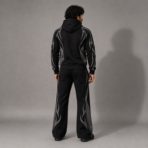 Ensemble de survêtement unisexe noir et gris délavé à l'acide, imprimé, 100 % coton, avec veste zippée à capuche et pantalon large pour un style décontracté et urbain - Product Image 2
