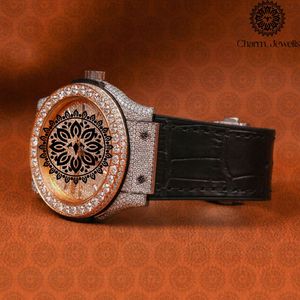 Charm_Jewells Luxury Round Quartz <b>Watch</b> 42mm Yellow Gold Case Leather Band Sapphire Crystal <b>Diamond</b> Bezel Hollow Out Design - Product Image 3