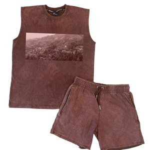 Men's Two-Piece <b>Knitted</b> Cotton Acid Wash Short <b>Set</b> Sleeveless Men's T-Shirt Raw Edge Sweat Shorts for Summer Formal 3D Pattern - Product Image 5